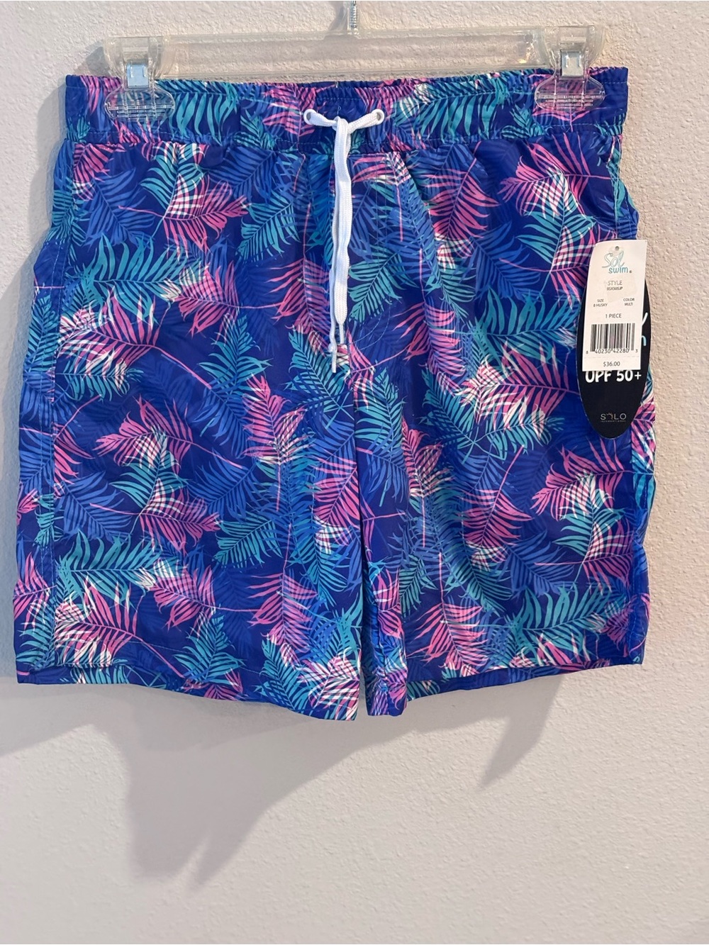 Boys Sol Swim Tropical Swim Trunks, Blue with Pink & Teal Accents, 8 Husky, NWT